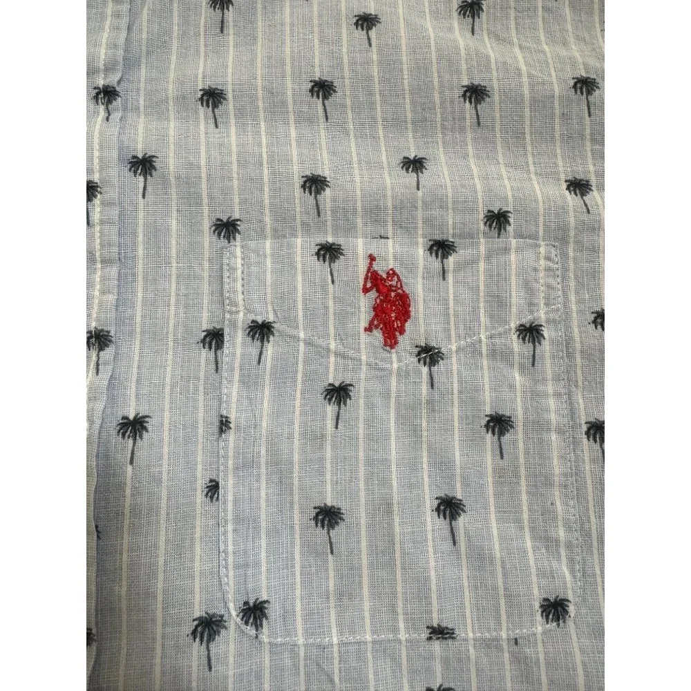U.S. Polo Assn. Men's Polo Shirt Medium Blue White Stripes Palm‎ Trees